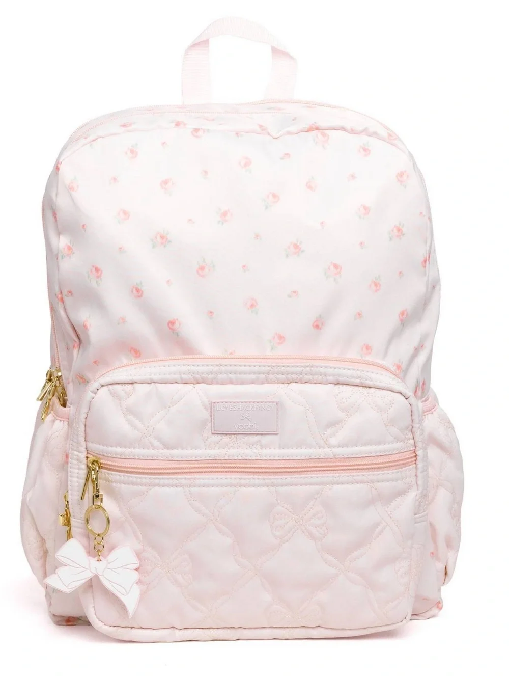 LoveShackFancy Pale Pink Quilted Bow Backpack with Rose Print